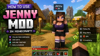 Minecraft Java world with Jenny Mod companion NPC near a village structure