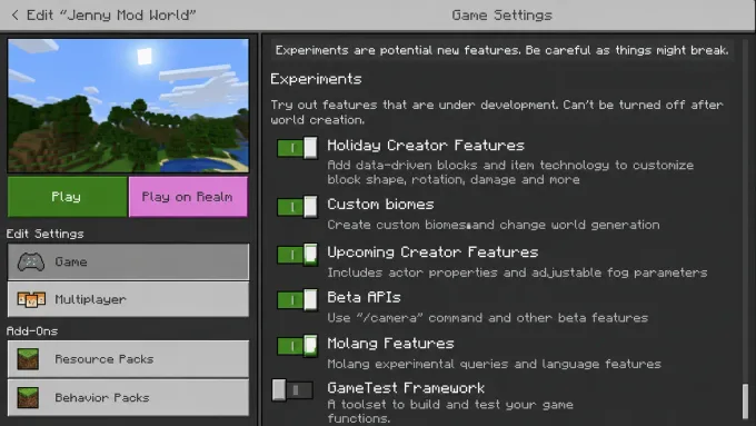 Minecraft Bedrock world settings with behavior packs, resource packs, and experimental features enabled for Jenny Mod