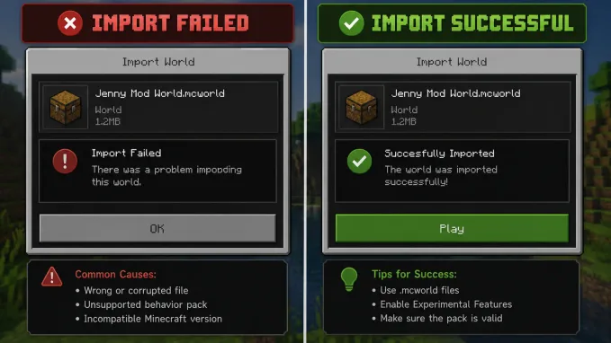 Minecraft Bedrock import screen showing failed mcaddon import versus successful three-pack activation