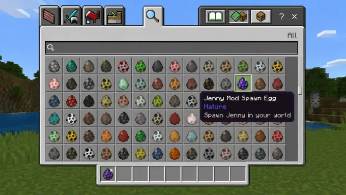 Minecraft Bedrock creative inventory showing Jenny Mod spawn egg after behavior and resource packs enabled