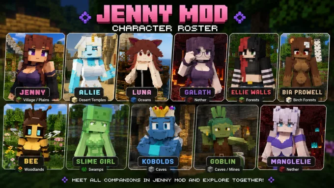 Collage of Jenny Mod companion characters — Jenny, Allie, Luna, Galath, and woodland NPCs with name labels