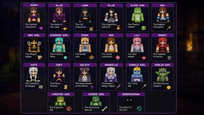 Grid of Jenny Mod characters: Jenny, Allie, Luna, Galath, Ellie, Bia, Bee Girl, Slime Girl, Goblin, Kobolds, Manglelie