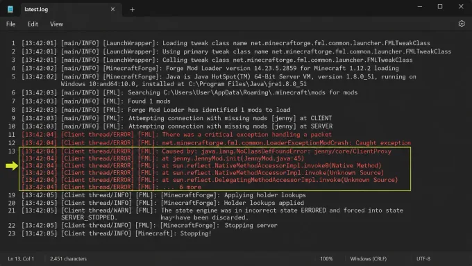 Minecraft latest.log open highlighting a mod load failure line for Jenny Mod diagnosis