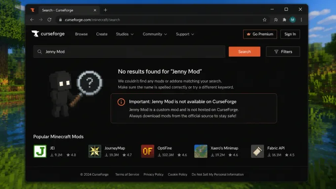 Illustration that Jenny Mod is not listed on CurseForge — independent download verification required