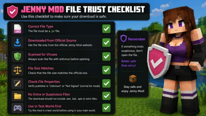 Infographic checklist: file extension, source URL, checksum, and test world before main save