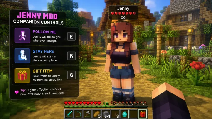Jenny Mod companion command UI showing Follow, Stay, and Gift item interaction buttons in Minecraft
