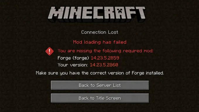 Minecraft crash or launcher error showing Forge version mismatch when loading Jenny Mod