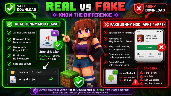 Side-by-side comparison: legitimate Jenny Mod Java jar file versus misleading mobile APK or App Store listing