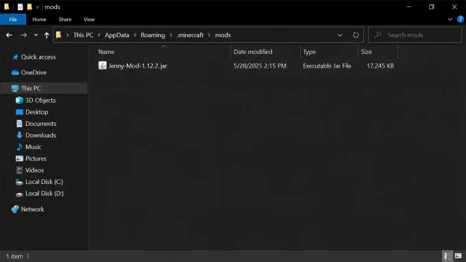 Empty Minecraft mods folder with only Jenny Mod jar and required dependencies for a clean test