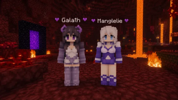 Galath and Manglelie Jenny Mod characters in Nether biome context in Minecraft