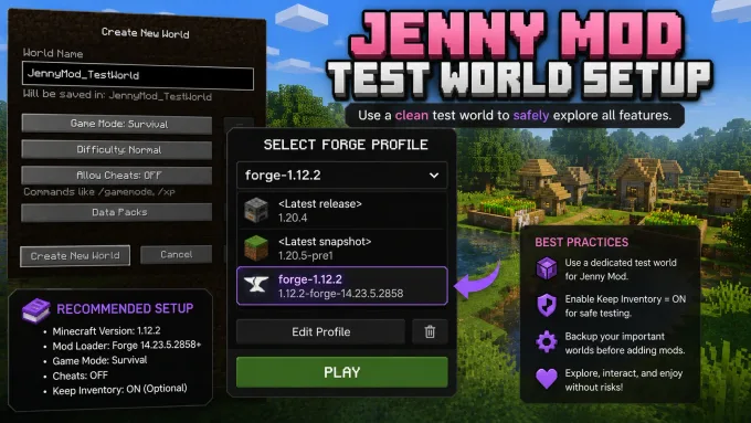 Fresh Minecraft test world creation screen with Forge 1.12.2 profile selected for Jenny Mod testing