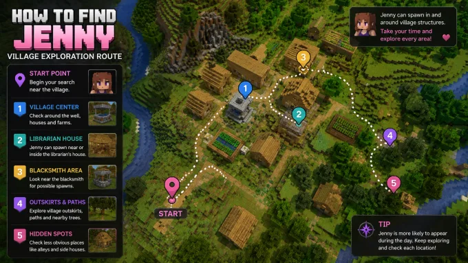 Minecraft village roads and structures used to find Jenny Mod NPCs during exploration