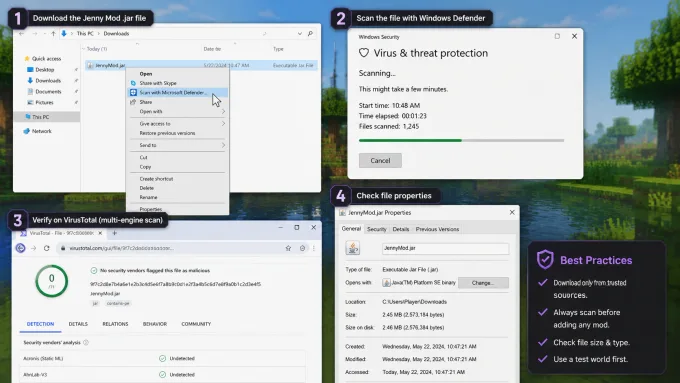 Windows file properties and multi-engine virus scan workflow for a downloaded Minecraft mod jar