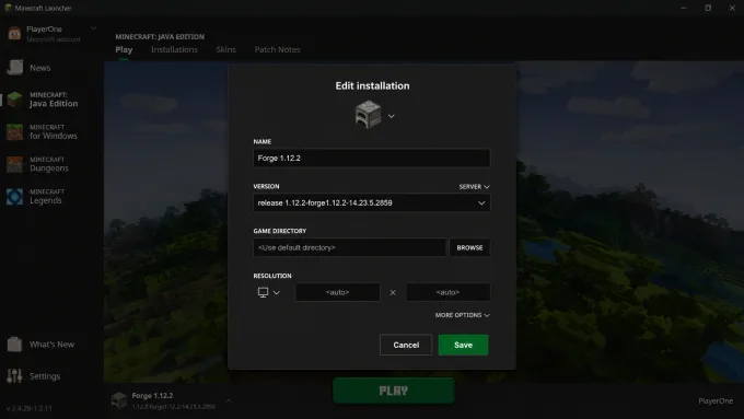 Minecraft Launcher profile set to Forge 1.12.2 — recommended version for Jenny Mod Java Edition