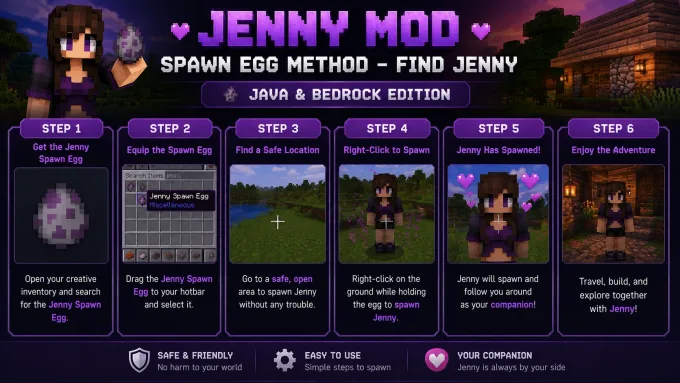 Creative spawn egg method to find Jenny on Bedrock after pack activation